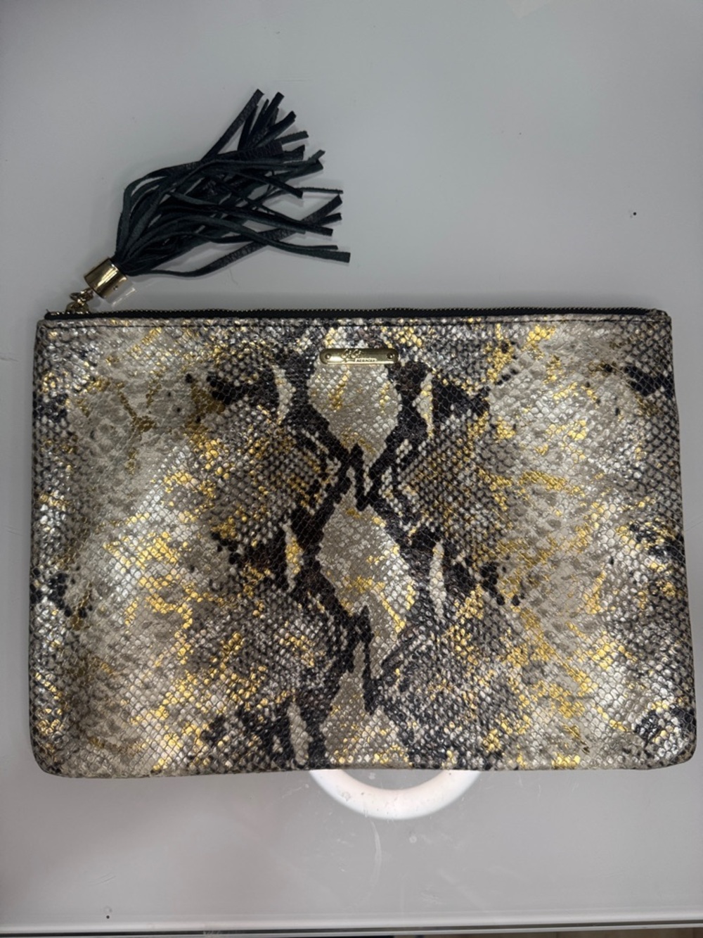 GiGi New York Gold and Gray Snake-Print Zip Clutch with Tassel